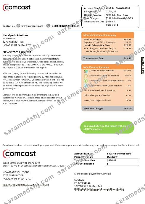 USA Utah Comcast business utility bill template in Word and PDF formats, version 2